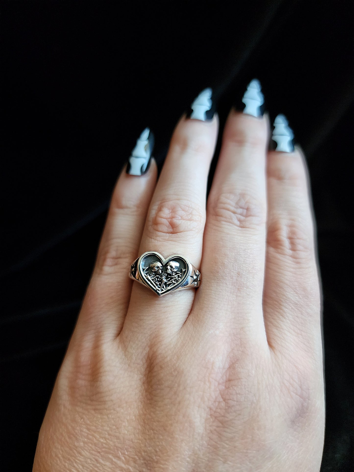 14k Gold or Silver Heart Signet Ring The Lovers Skeleton Final Embrace - Gothic Romantic Engagement Ring Salt & Pepper Diamonds Memento Mori Modern Mourning Ready to Ship Size 6-8