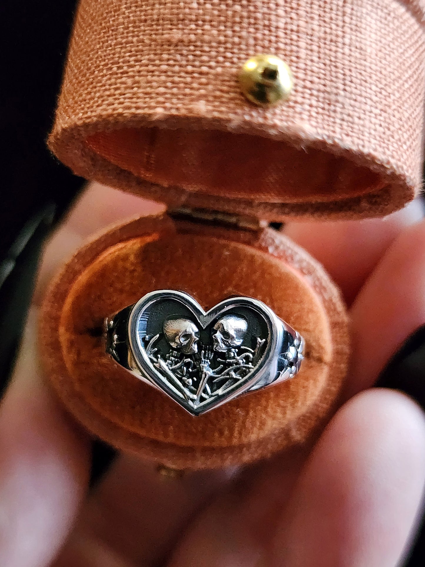 The Lovers Signet Ring Heart Shaped Skeleton Embrace - Romantic Promise Ring Sterling Silver with Black Diamonds Memento Mori