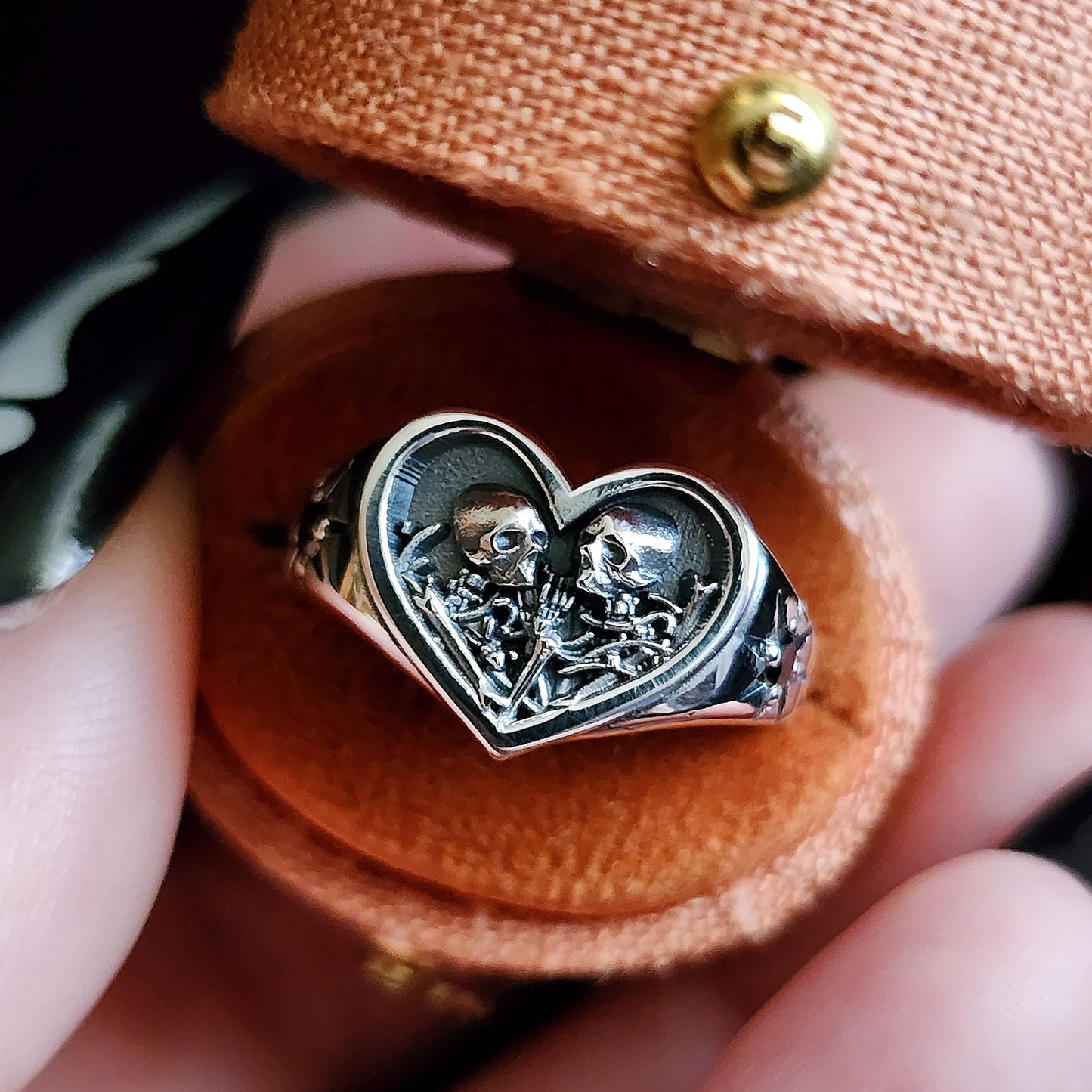Load image into Gallery viewer, skeleton heart ring lovers of valdaro sterling silver signet jewelry engagement gothic victorian
