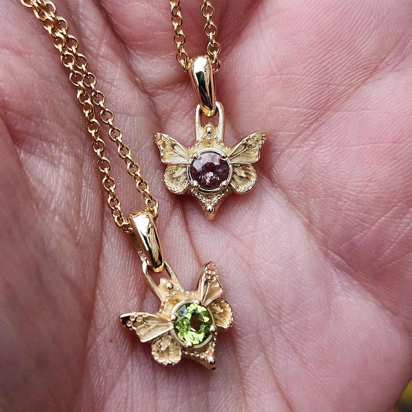 Load image into Gallery viewer, 14k gold peridot oregon sunstone faerie butterfly necklace fantasy jewelry swankmetalsmithing
