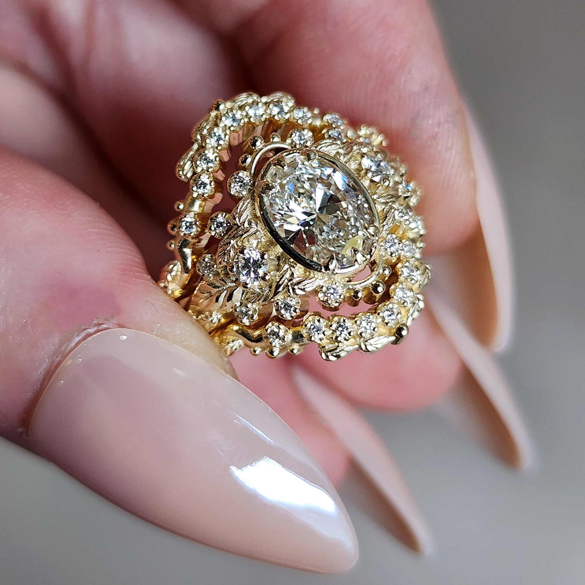 natura leaf engagement ring oval lab diamond wedding set 14k gold