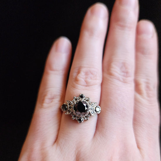 Load image into Gallery viewer, black diamond cosmos engagement ring triple moon with stars gothic victorian jewelry
