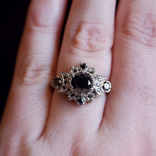 Load image into Gallery viewer, black diamond cosmos engagement ring triple moon with stars gothic victorian jewelry
