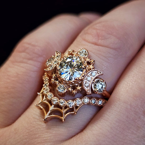 Load image into Gallery viewer, diamond fairy moon ring cosmos celestial engagement spider web wedding band set
