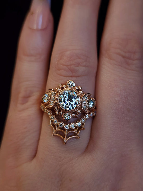 14k Rose Gold Engagement Ring Natural Diamond Cosmos Moon Ring Fantasy Handmade Celestial Wedding Jewelry