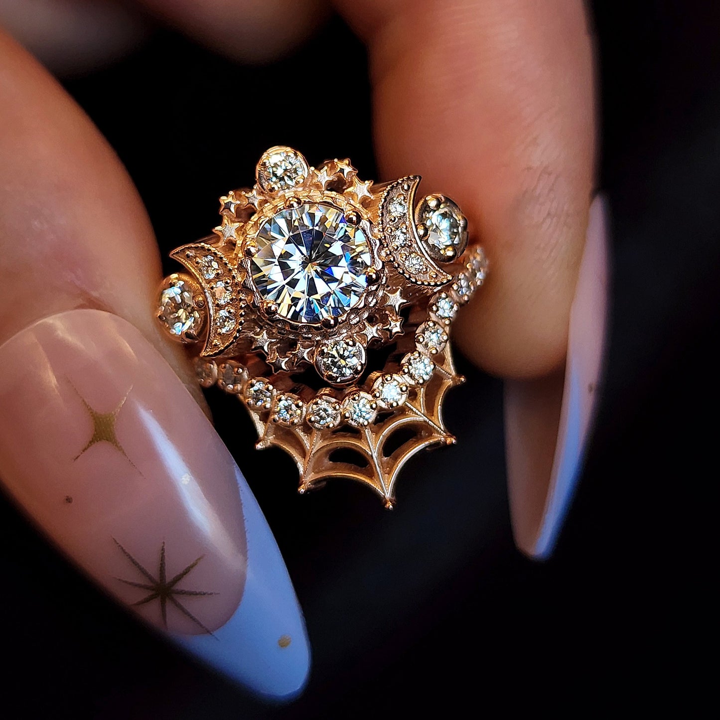 14k Rose Gold Engagement Ring Natural Diamond Cosmos Moon Ring Fantasy –  Swank Metalsmithing