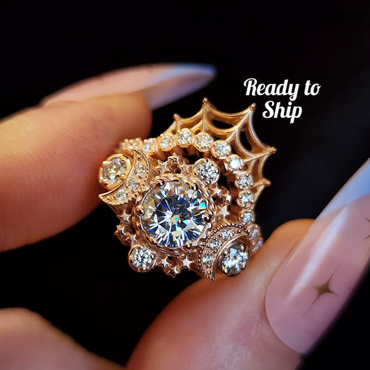 christmas gift jewelry 14k rose gold moissanite moon cosmos ring with spider web wedding band