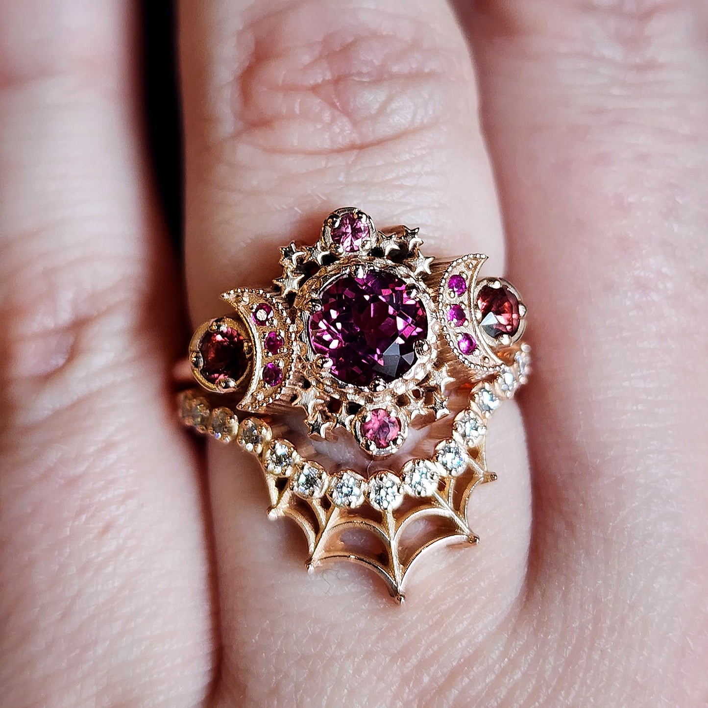 Load image into Gallery viewer, rhodolite imperial garnet cosmos ruby red sapphire engagement ring alternative bride 14k gold
