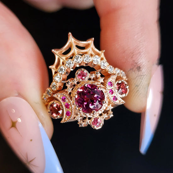 Load image into Gallery viewer, rhodolite imperial garnet cosmos ruby red sapphire engagement ring alternative bride 14k gold
