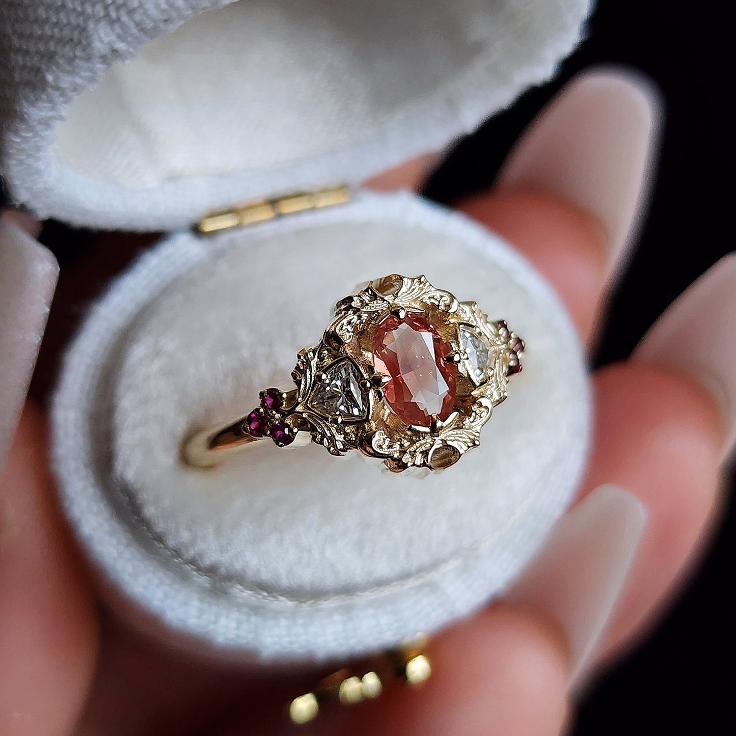 Ophelia Oregon sunstone and diamond trillion engagement ring with rubies antique details
