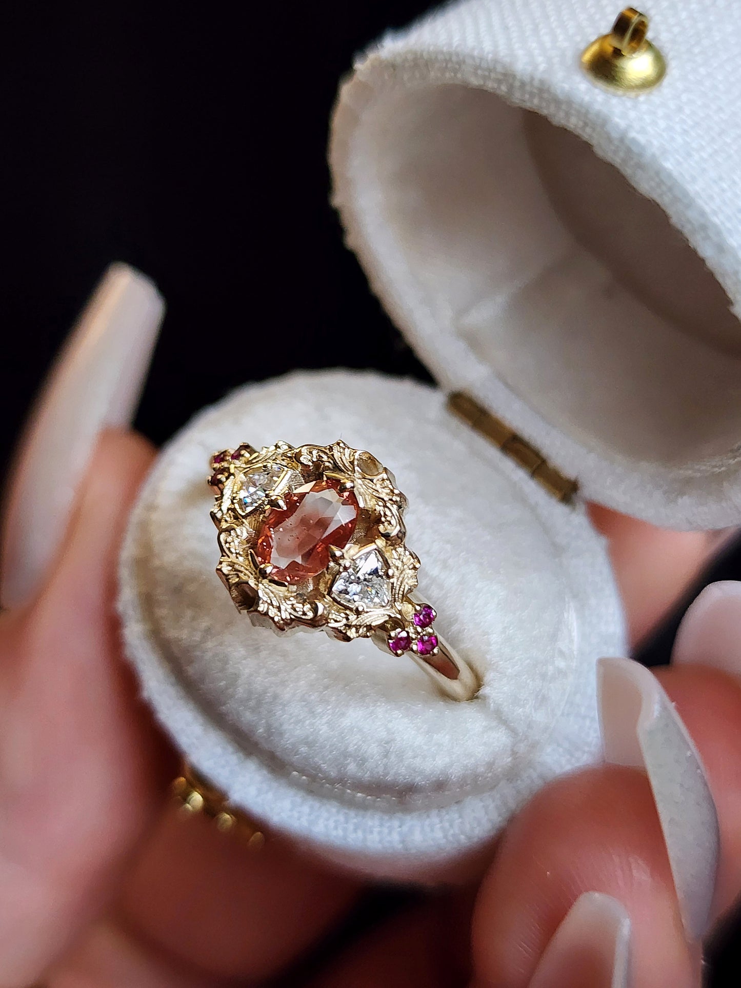 Load image into Gallery viewer, *Setting Only* Ophelia Delicate Filigree Engagement Ring with Trillions and Rubies 14k Gold
