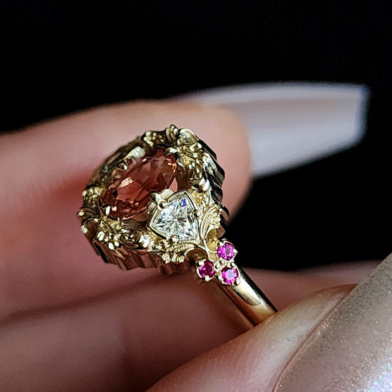 Ophelia Oregon Sunstone Delicate Filigree Engagement Ring with Trillions and Rubies 14k Gold Handcrafted
