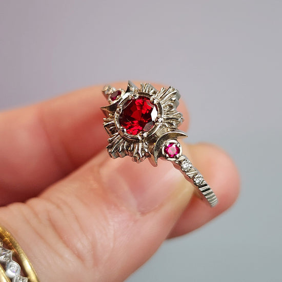 Load image into Gallery viewer, ruby triple moon fire engagement ring set white gold ready to ship
