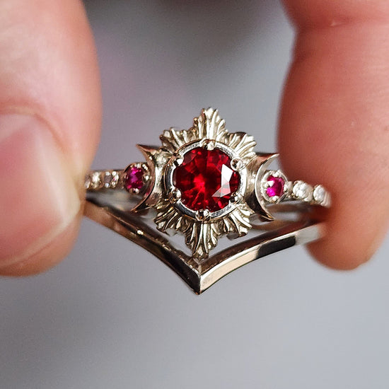 Load image into Gallery viewer, ruby triple moon fire engagement ring set white gold ready to ship
