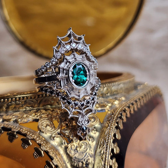 Morticia Spider web engagement ring set swankmetalsmithing chatham emerald black diamonds