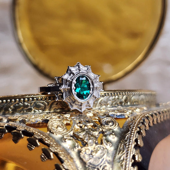 Load image into Gallery viewer, oval emerald morticia engagement ring spider web gothic victorian

