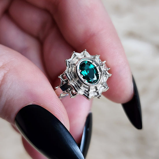 Load image into Gallery viewer, oval emerald morticia engagement ring spider web gothic victorian
