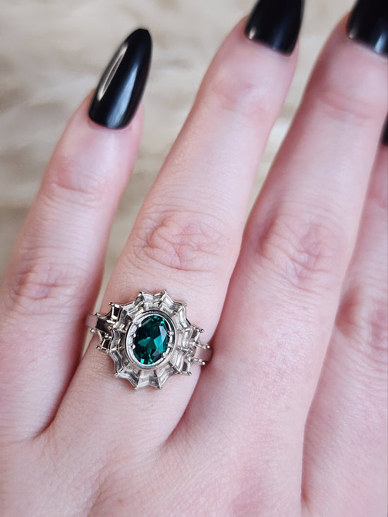 Oval Morticia Spider Web Engagement Ring 14k Gold - Custom Choose Your Chatham Gemstone