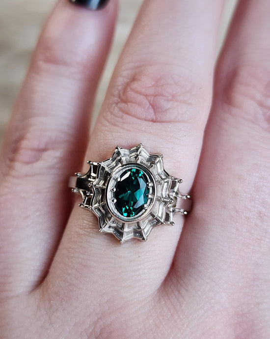 Morticia Spider web engagement ring set swankmetalsmithing chatham emerald black diamonds