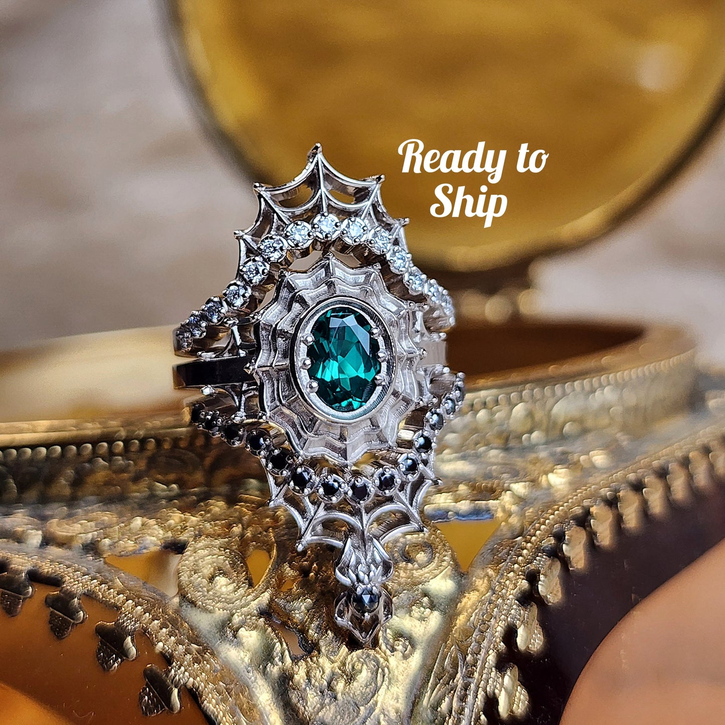Chatham Emerald Morticia Spider Web Wedding Ring Set 14k Palladium White Gold - Ready to Ship Size 6-8