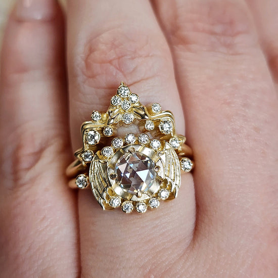 bat wing engagement ring with nagini double snake weding band diamonds rose cut moissanite 14k yellow gold