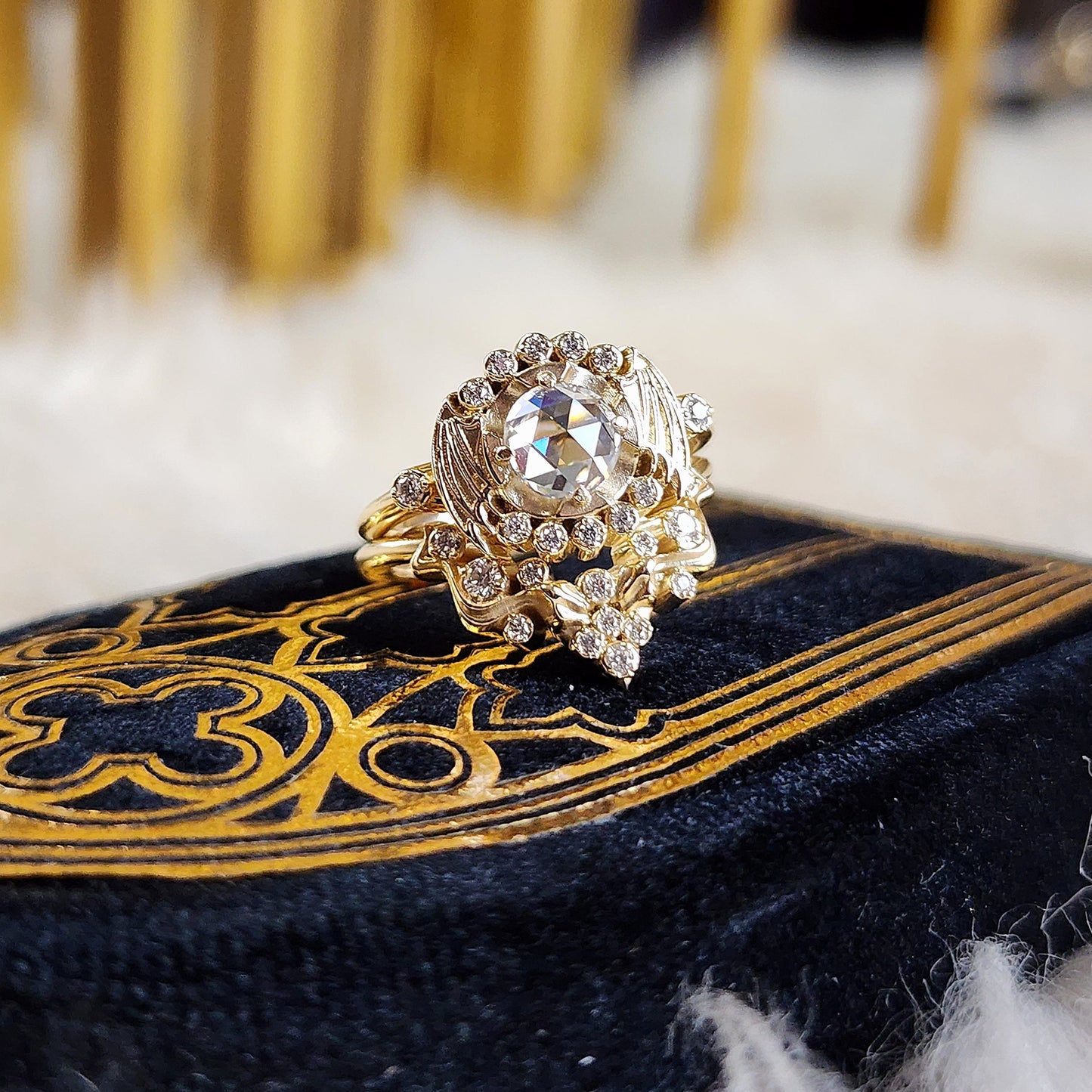 bat wing engagement ring with nagini double snake weding band diamonds rose cut moissanite 14k yellow gold