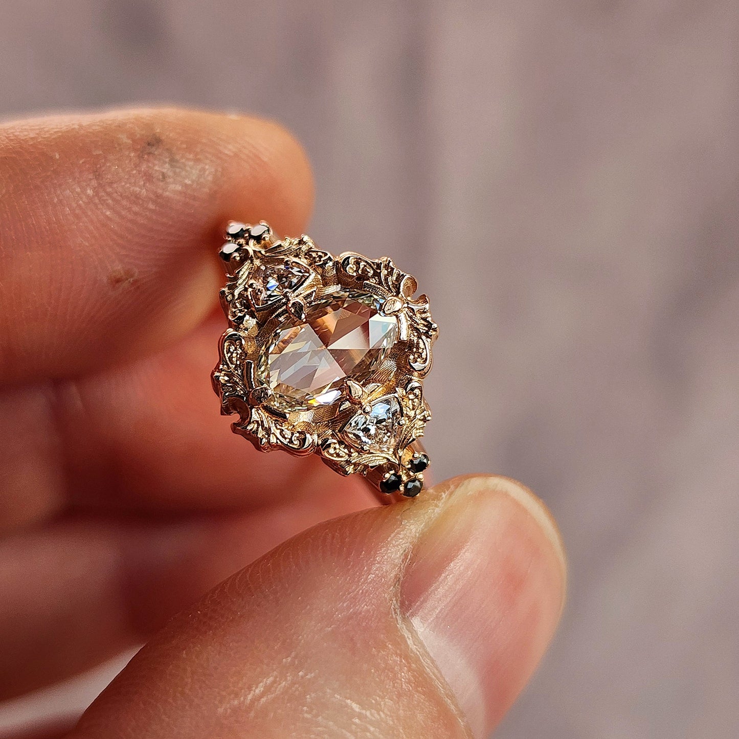 Load image into Gallery viewer, Ophelia rose cut diamond engagement ring 14k rose gold with trillions and black diamonds
