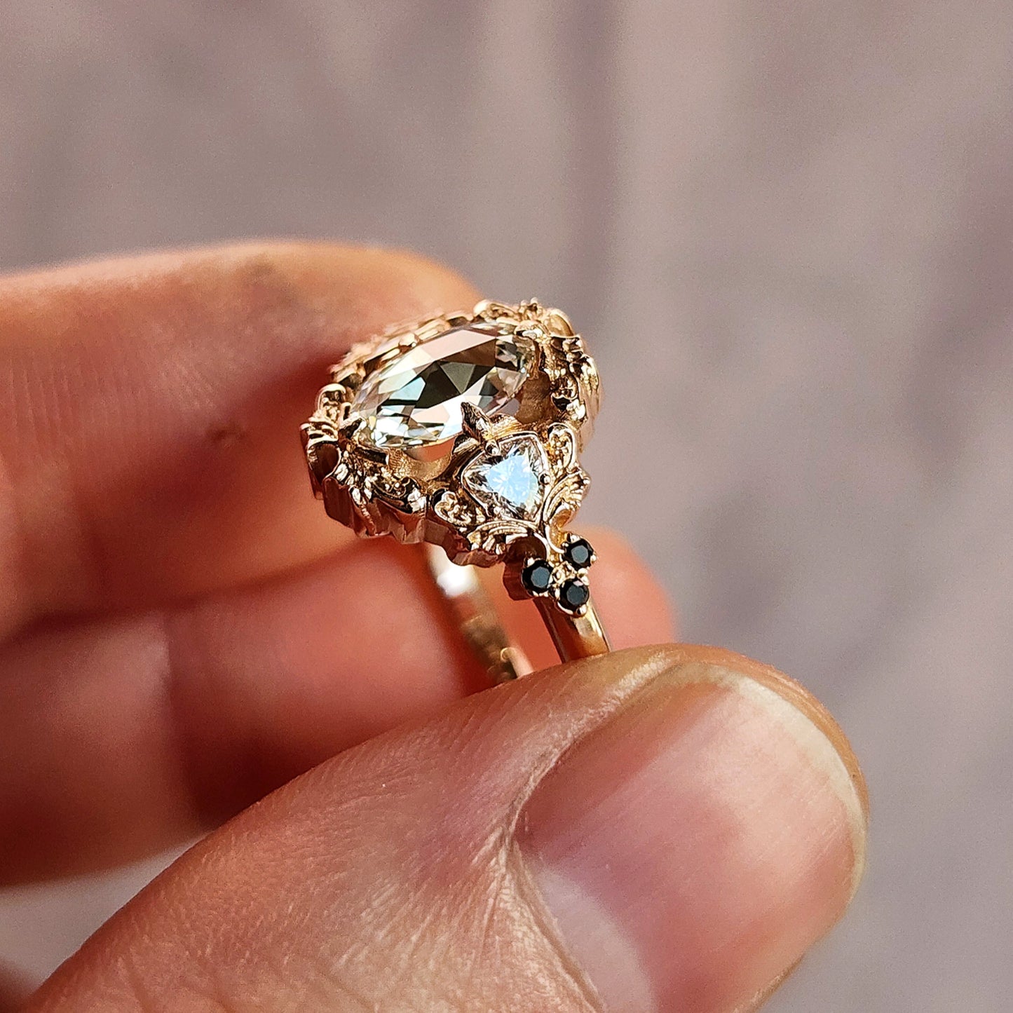 Load image into Gallery viewer, Ophelia rose cut diamond engagement ring 14k rose gold with trillions and black diamonds
