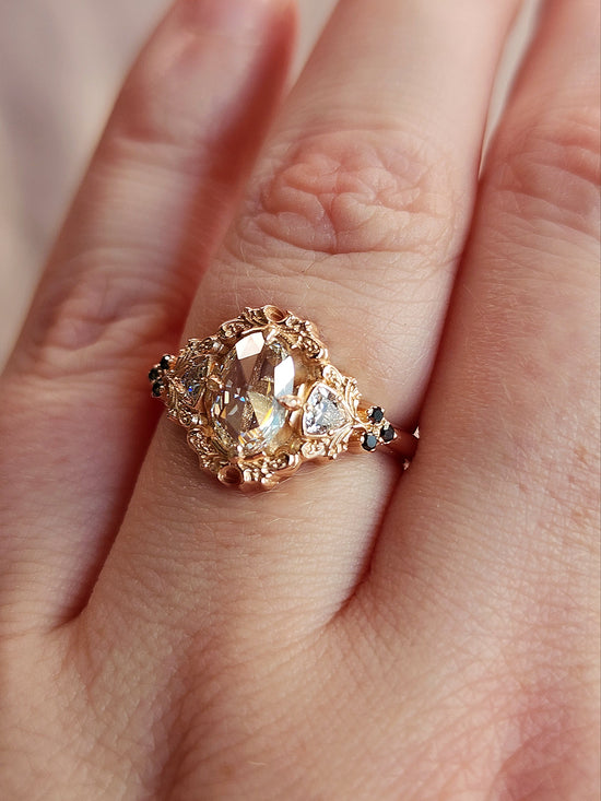 Rose Cut Ophelia Delicate Filigree Engagement Ring with Trillions and Black Diamonds 14k Rose Gold Ready to Ship Size 6-8