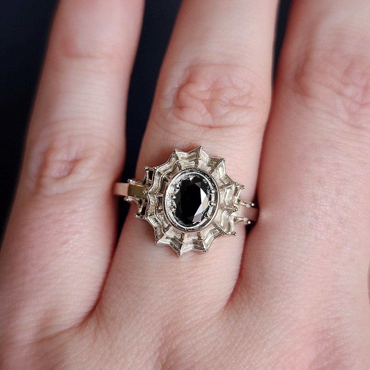 Black Moissanite Morticia Spider Web Engagement Ring 14k Gold Gothic Fine Jewelry