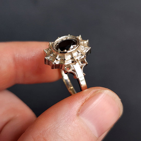 Black Moissanite Morticia Spider Web Engagement Ring 14k Gold Gothic Fine Jewelry