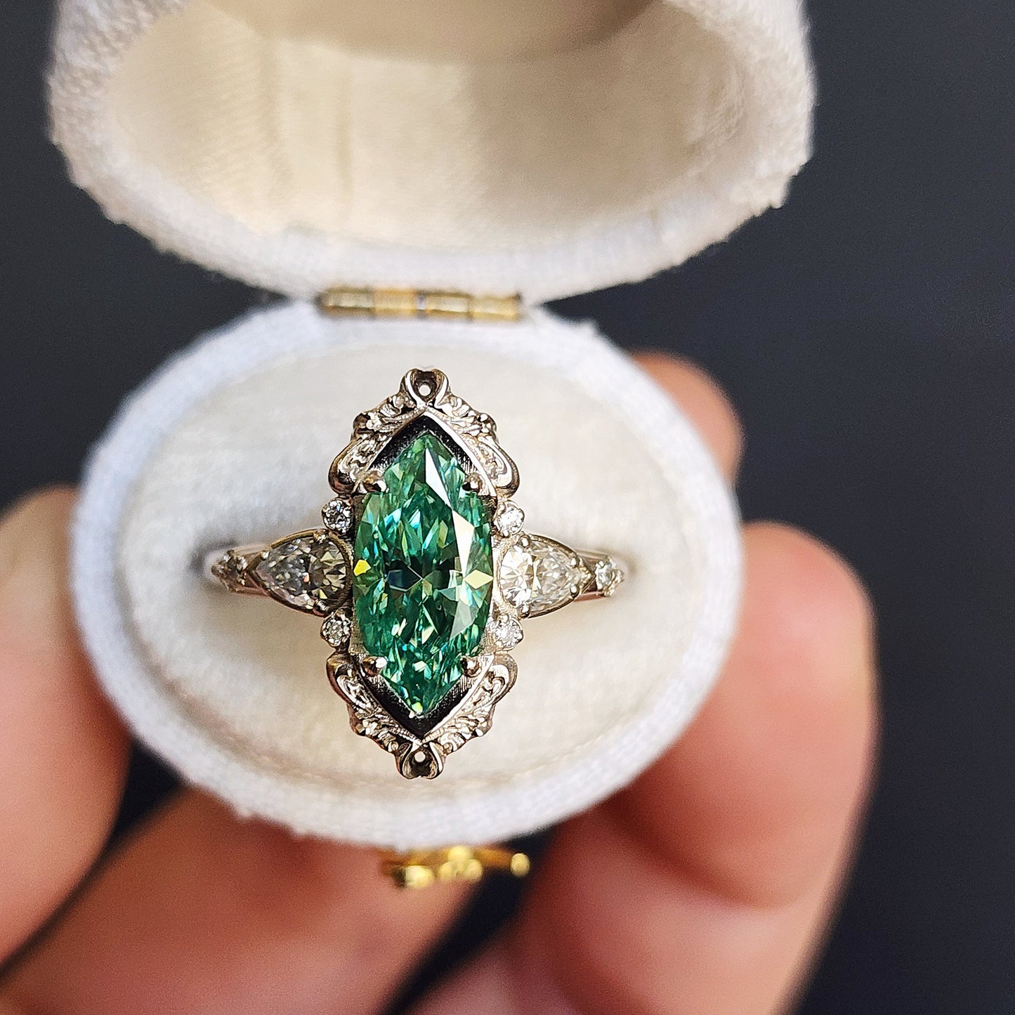 green moissanite marquise odette engagement ring fairytale jewelry color gemstone ring filigree 