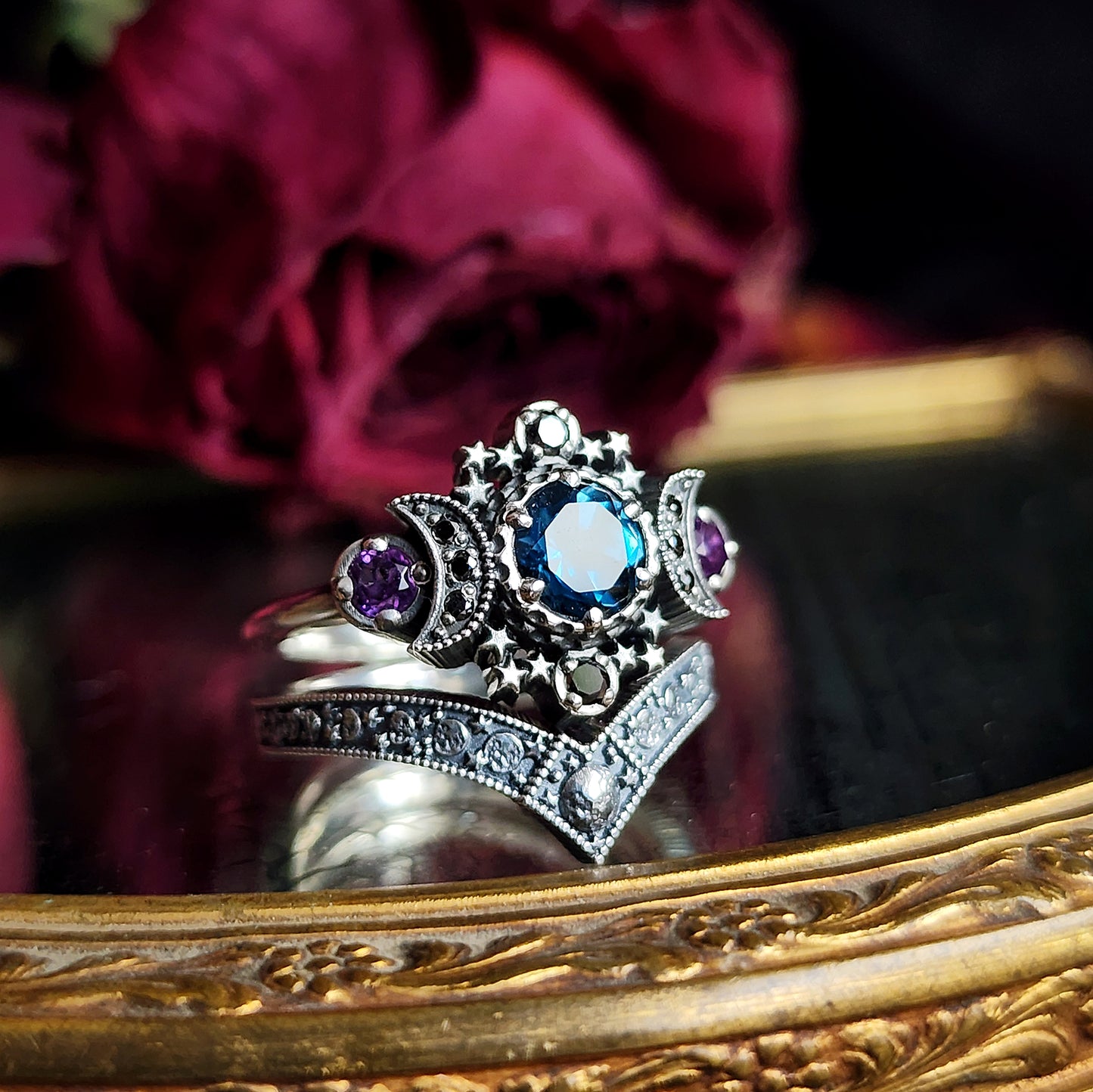 London Blue Topaz & Amethyst Cosmos Engagement Ring Set Sterling Silver Luna Moon Phase Chevron Wedding Band