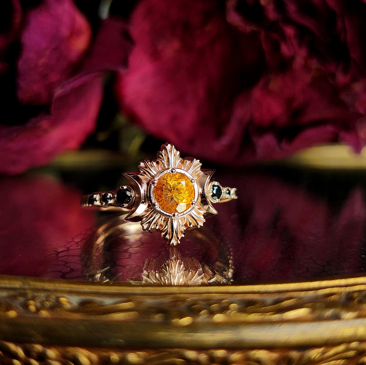 Spessartite Garnet Moon Fire Gothic Engagement Ring with Black Diamonds - 14k Yellow, Rose or Palladium White Gold