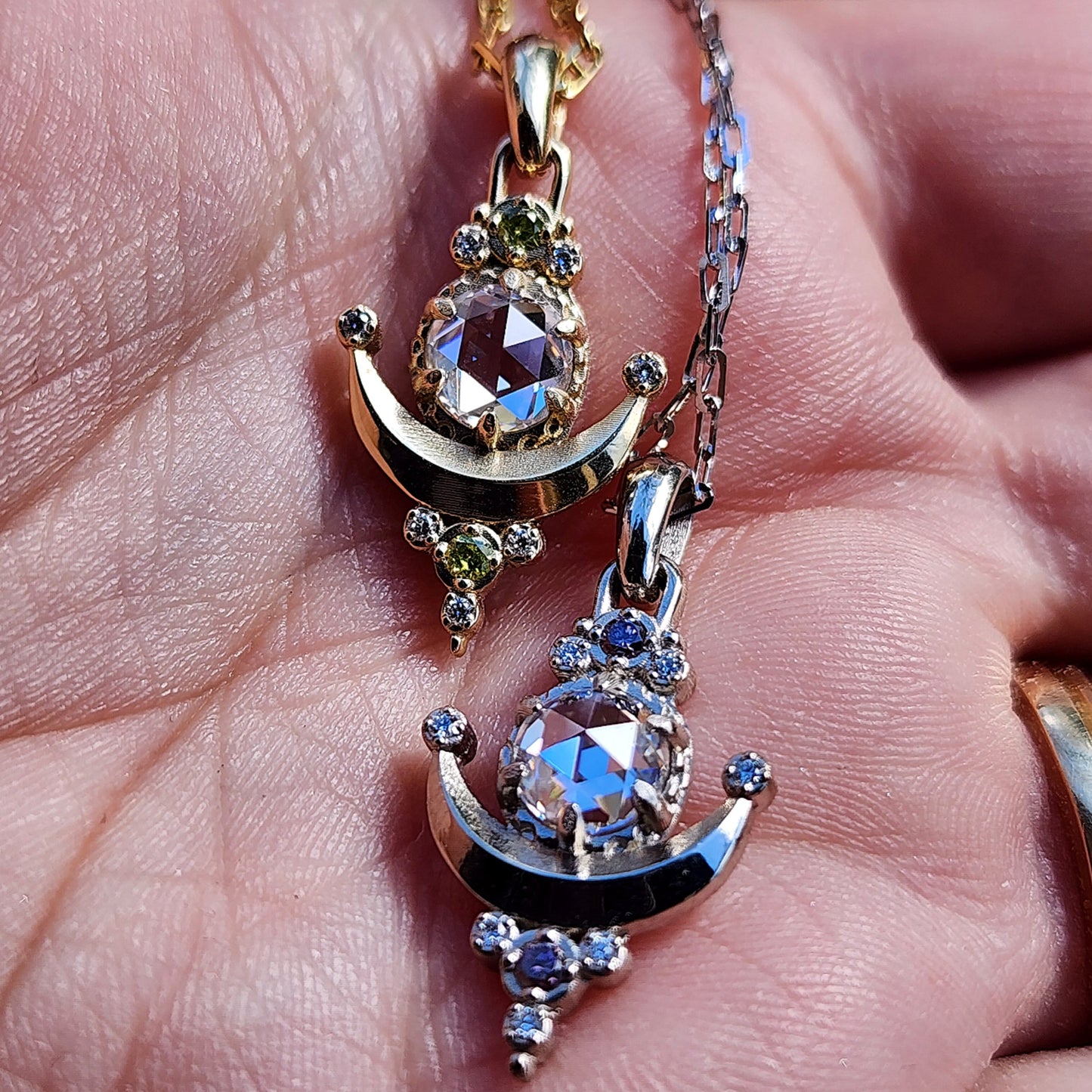 Ready to Ship - Rose Cut Moissanite Moon Drop Pendants with Irradiated Purple or Yellow Diamonds - 14k Yellow Gold & 14k White Gold