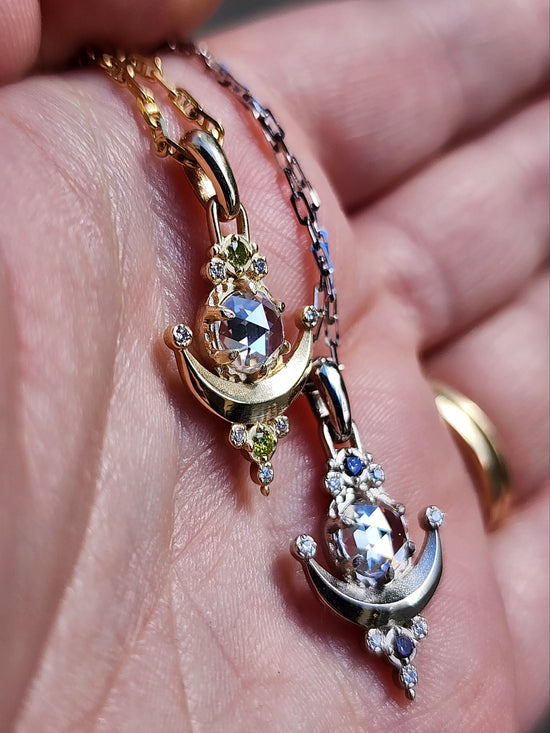 Ready to Ship - Rose Cut Moissanite Moon Drop Pendants with Irradiated Purple or Yellow Diamonds - 14k Yellow Gold & 14k White Gold