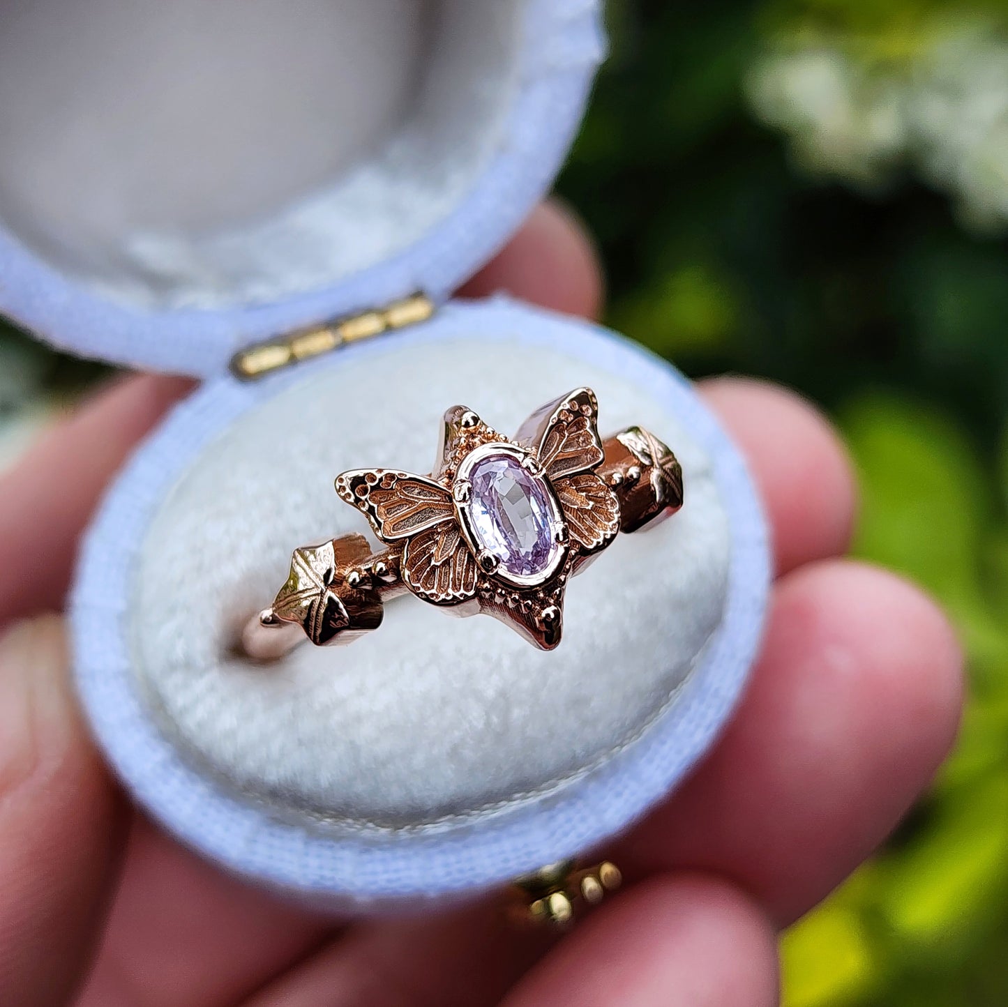 Butterfly Faerie Ring with Lavender Sapphire Fairy Fantasy Engagement with Ivy Leaf Fairytale 14k Rose Gold - Ready to Ship Size 6-8