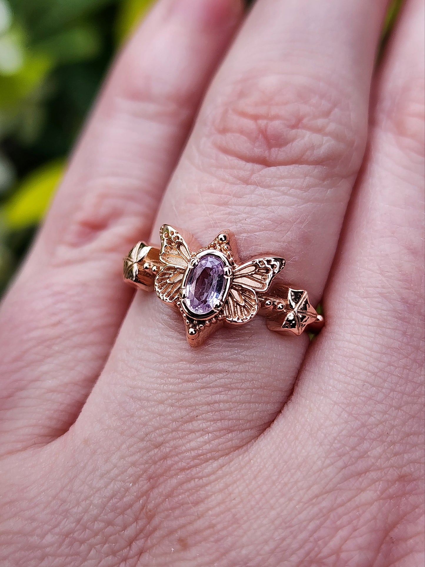 Butterfly Faerie Ring with Lavender Sapphire Fairy Fantasy Engagement with Ivy Leaf Fairytale 14k Rose Gold - Ready to Ship Size 6-8