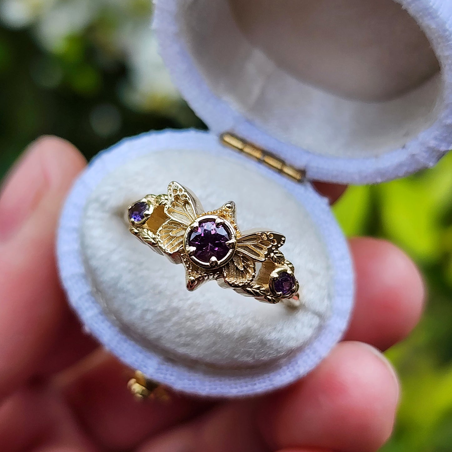 Purple Sapphire Butterfly Faerie 3 Stone Ring with Leaf Split Shank Fantasy Engagement Ring 14k Yellow Gold - Ready to Ship Size 6-8  One of a Kind