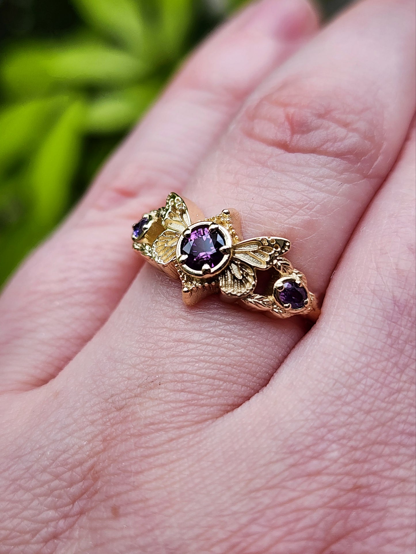 Purple Sapphire Butterfly Faerie 3 Stone Ring with Leaf Split Shank Fantasy Engagement Ring 14k Yellow Gold - Ready to Ship Size 6-8  One of a Kind