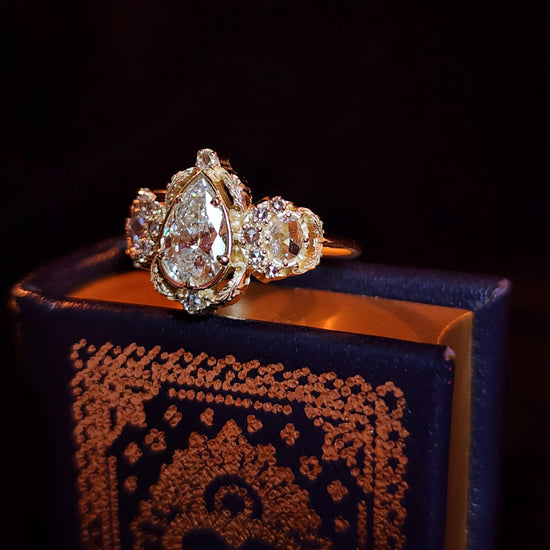 Goodnight moon engagement ring with rose cut diamonds lab diamond pear antique fantasy filigree fine jewelry