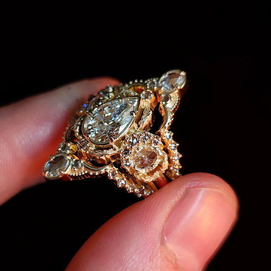 Goodnight moon engagement ring with rose cut diamonds lab diamond pear antique fantasy filigree fine jewelry