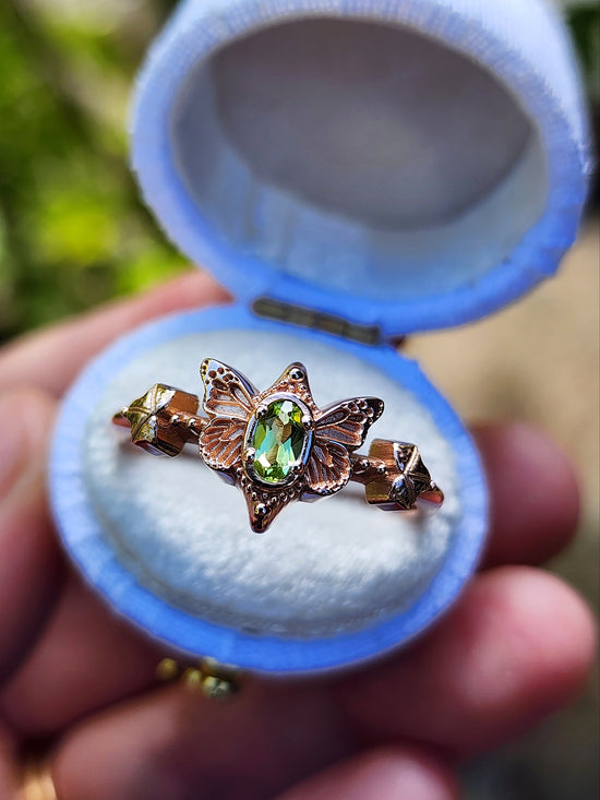 Green Fairy Ring with Oval Peridot Butterfly Faerie Engagement with Leaf Detail - Pick your Gemstone Fairytale Fantasy Fine Jewelry 14k Gold