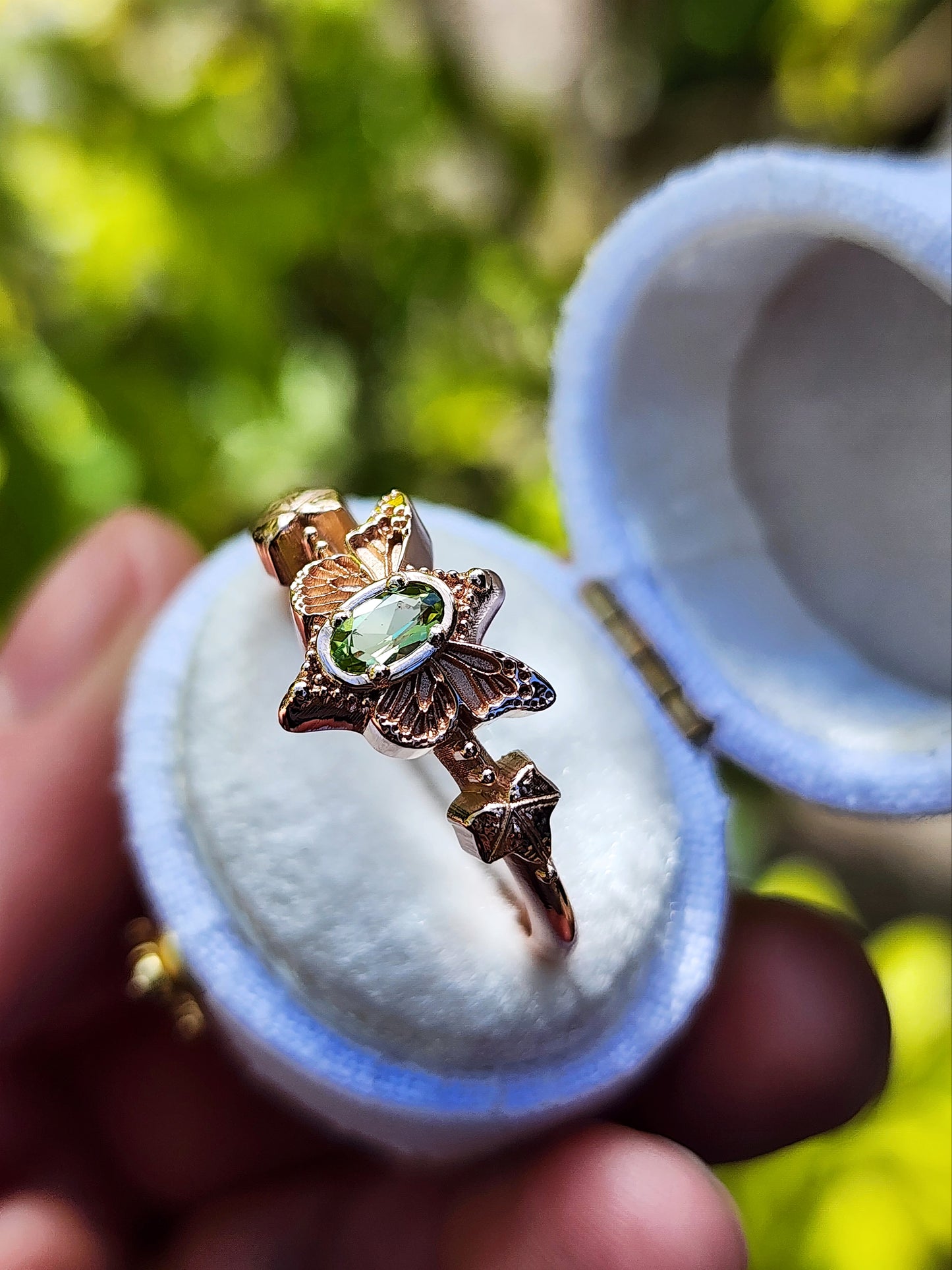 Green Fairy Ring with Oval Peridot Butterfly Faerie Engagement with Leaf Detail - Pick your Gemstone Fairytale Fantasy Fine Jewelry 14k Gold