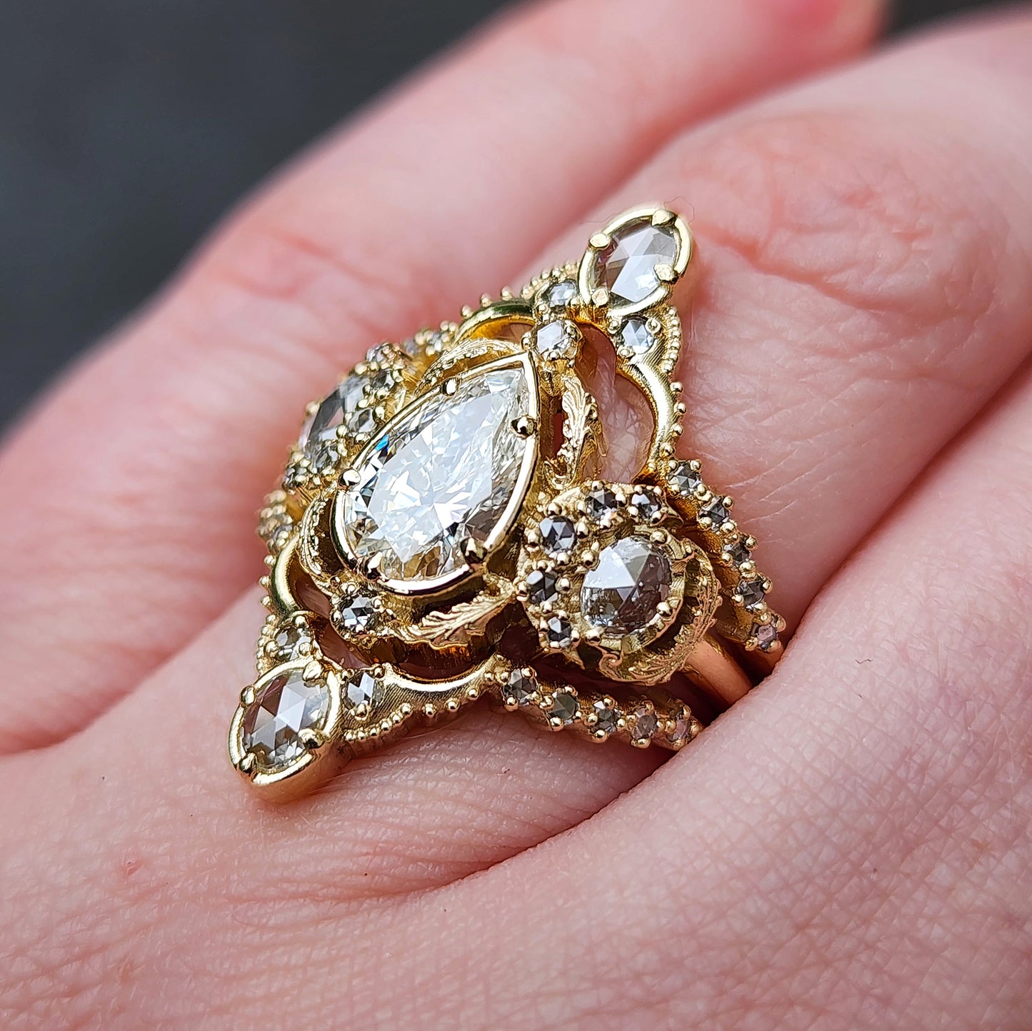 Goodnight Moon Ring with Rose Cut Diamonds and Fancy Gold Scrollwork - Fantasy Filigree 14k Gold Handmade Ring with Moissanite or Lab Diamond Pear Center Stone