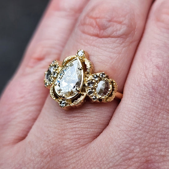 Goodnight Moon Ring with Rose Cut Diamonds and Fancy Gold Scrollwork - Fantasy Filigree 14k Gold Handmade Ring with Moissanite or Lab Diamond Pear Center Stone
