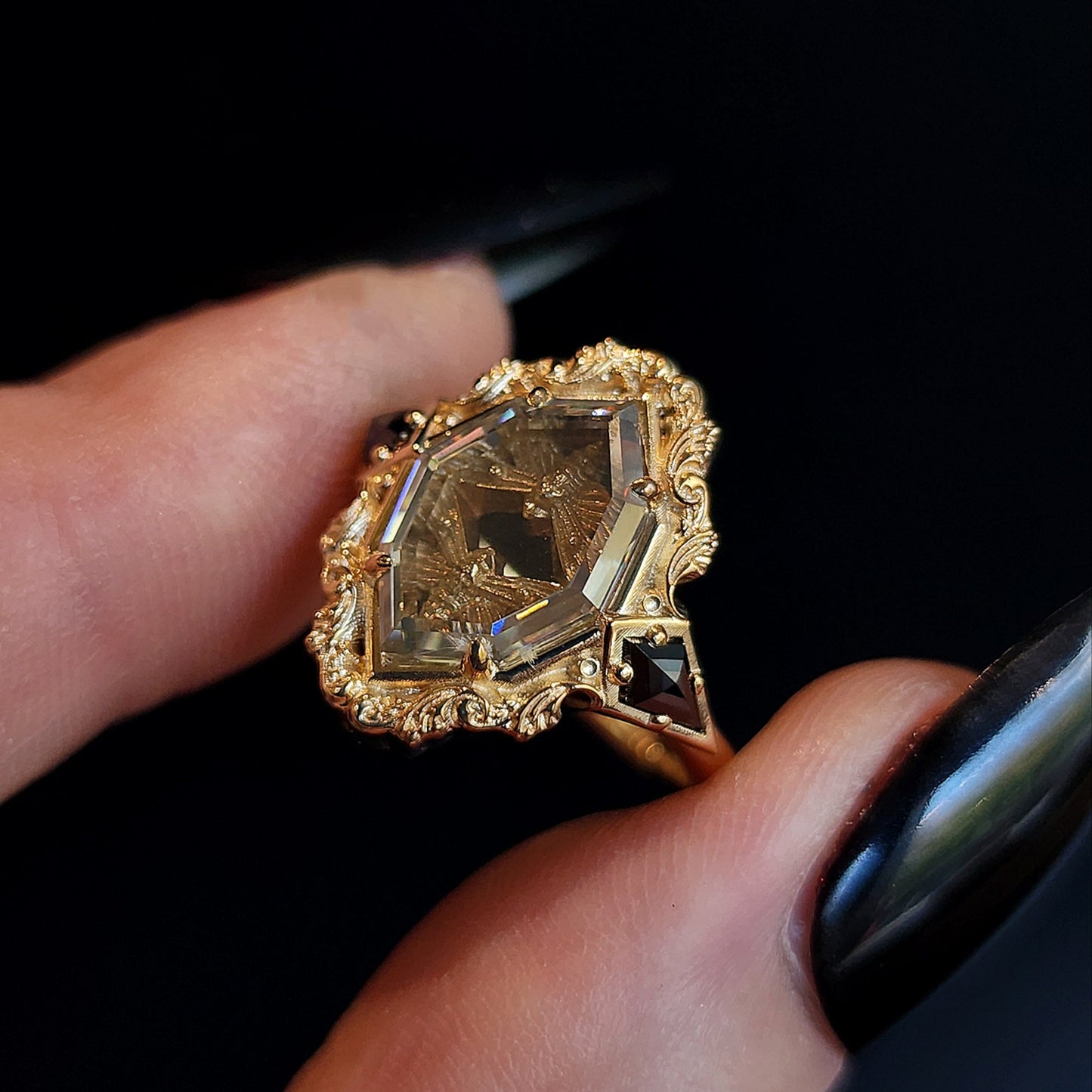 Hawk Moth Rings Double Death Head Hawk Moth Shadow Box ring with 14k Gold Scrolls and ...