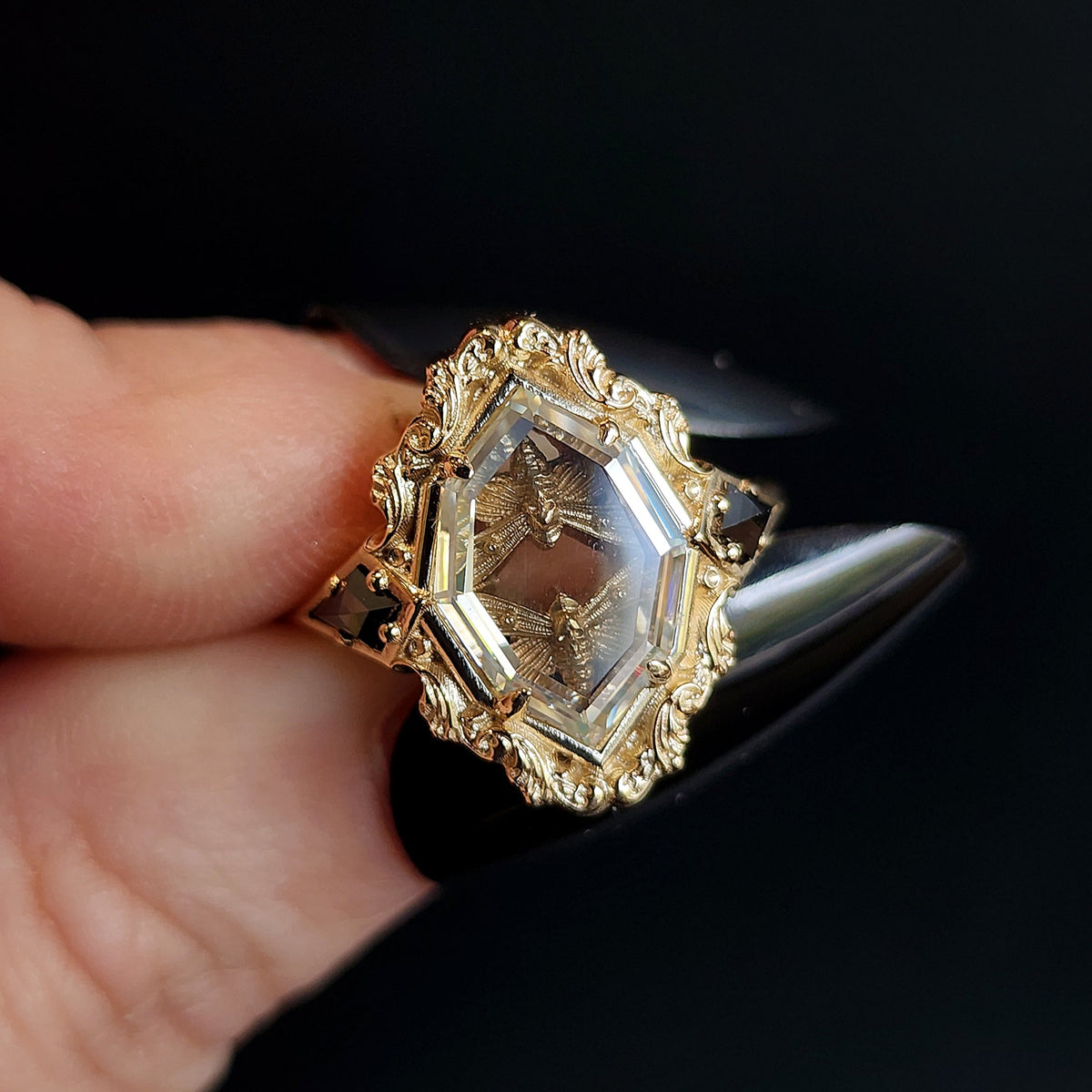 Double Death Head Hawk Moth Shadow Box ring with 14k Gold Scrolls and ...