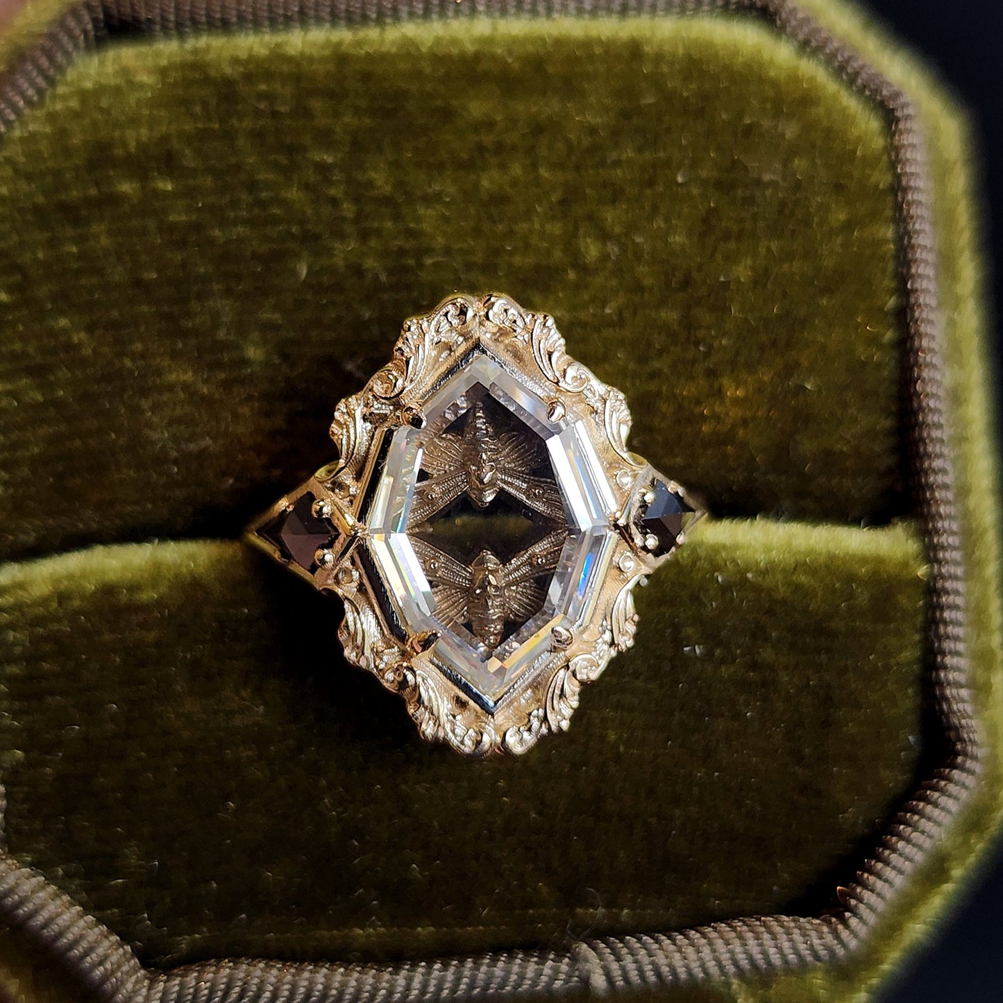 Double Death Head Hawk Moth Shadow Box ring with 14k Gold Scrolls and ...