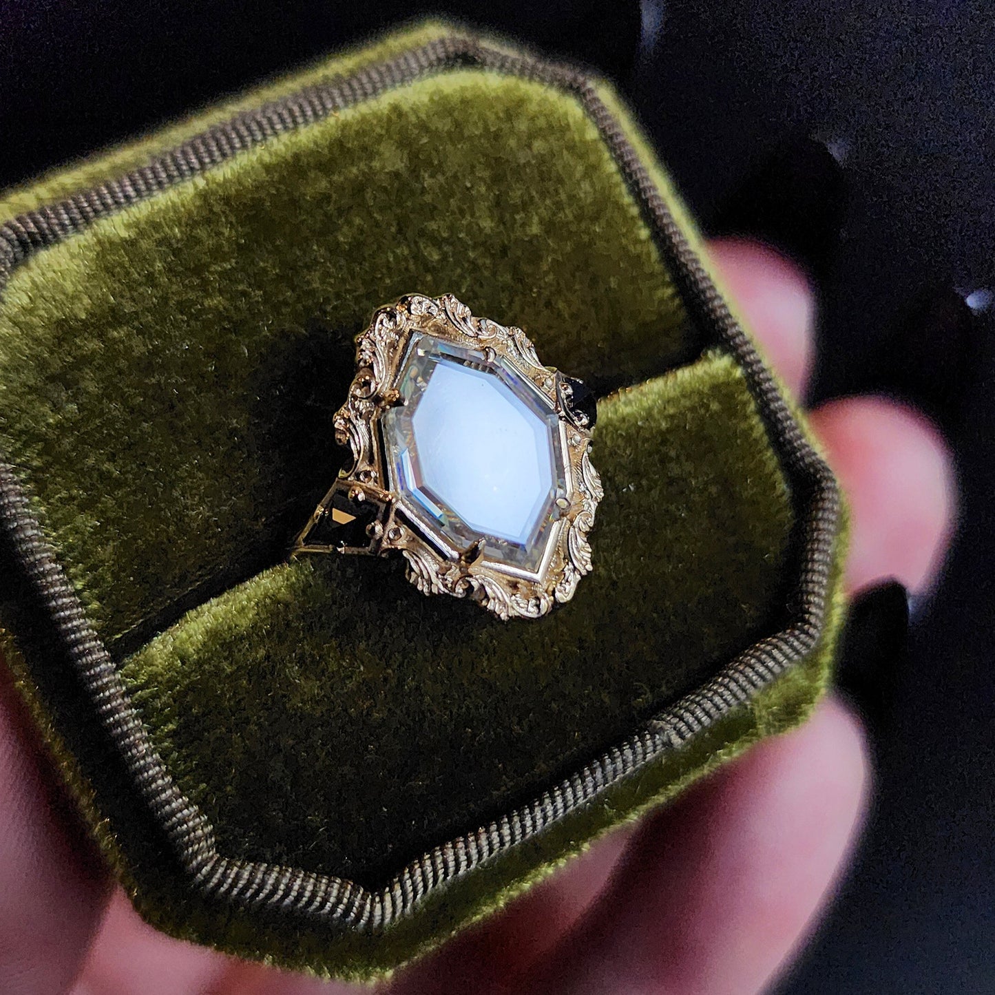Hawk Moth Rings Double Death Head Hawk Moth Shadow Box ring with 14k Gold Scrolls and ...